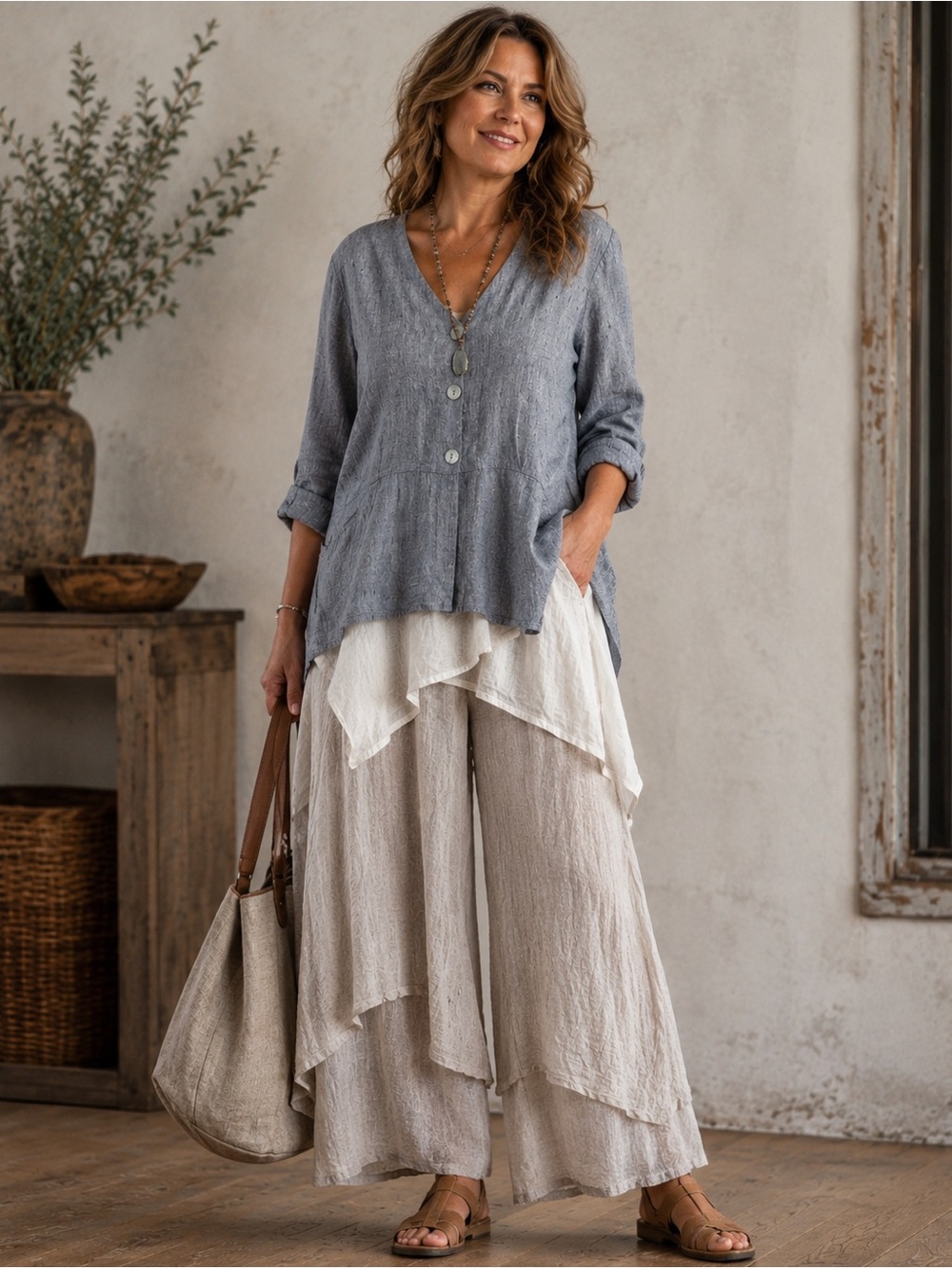 FLAX Lagenlook 3 Button Front Layering Top Rolled Sleeves Pockets Women’s Large